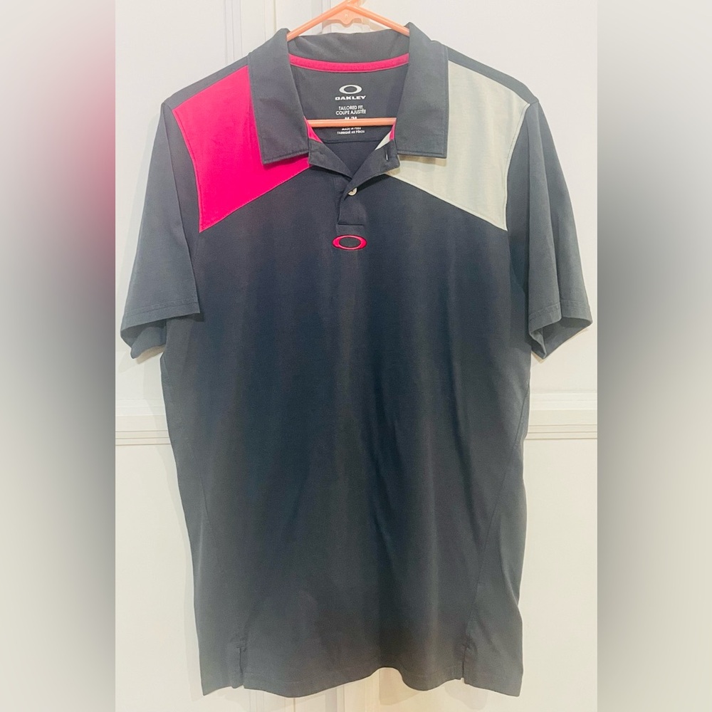 Oakley O Hydrolix Polo Shirt Tailored Fit Gray Pink Block Color Short Sleeve M‎